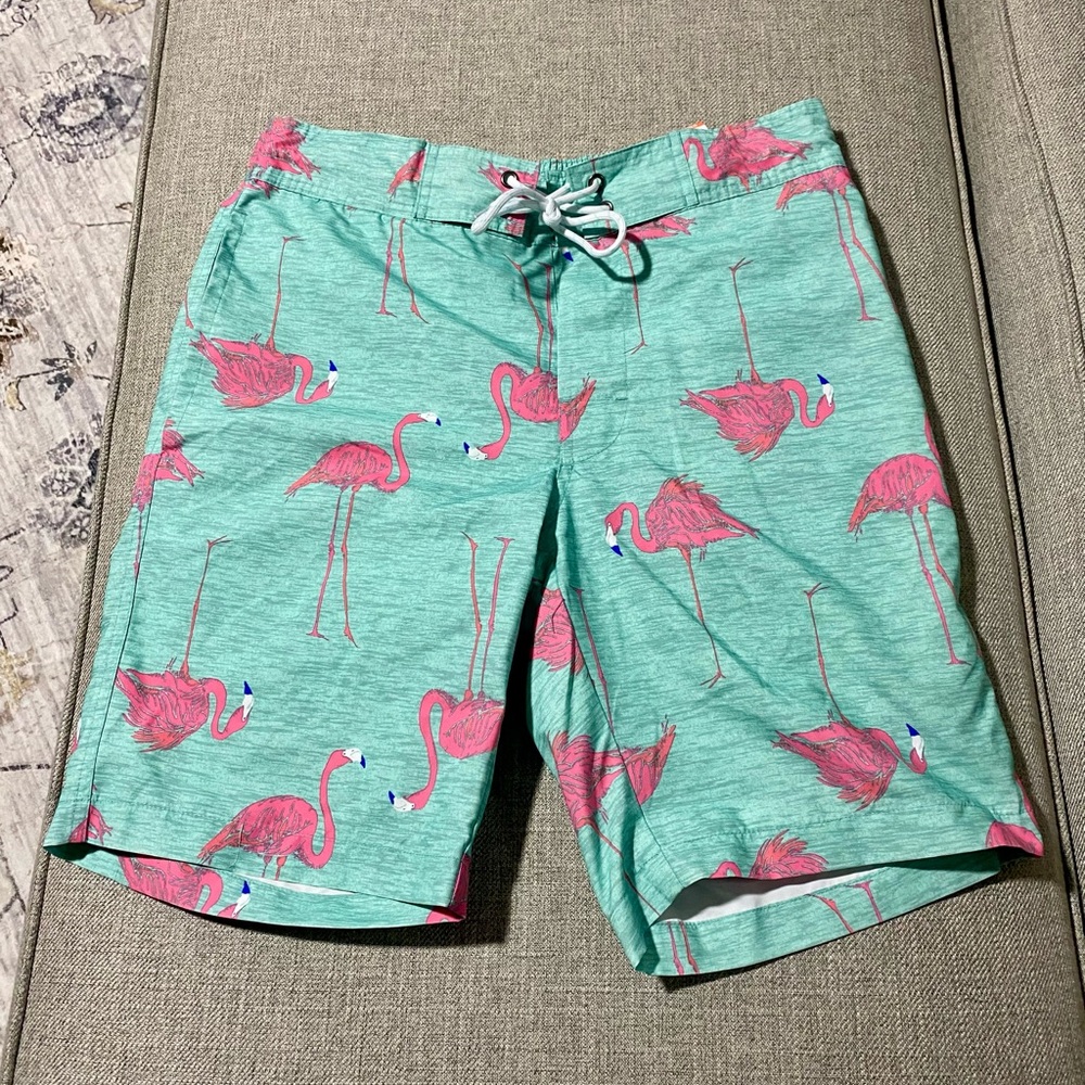 St. John's Bay Mint Green Swim Shorts with Pink Flamingo Print